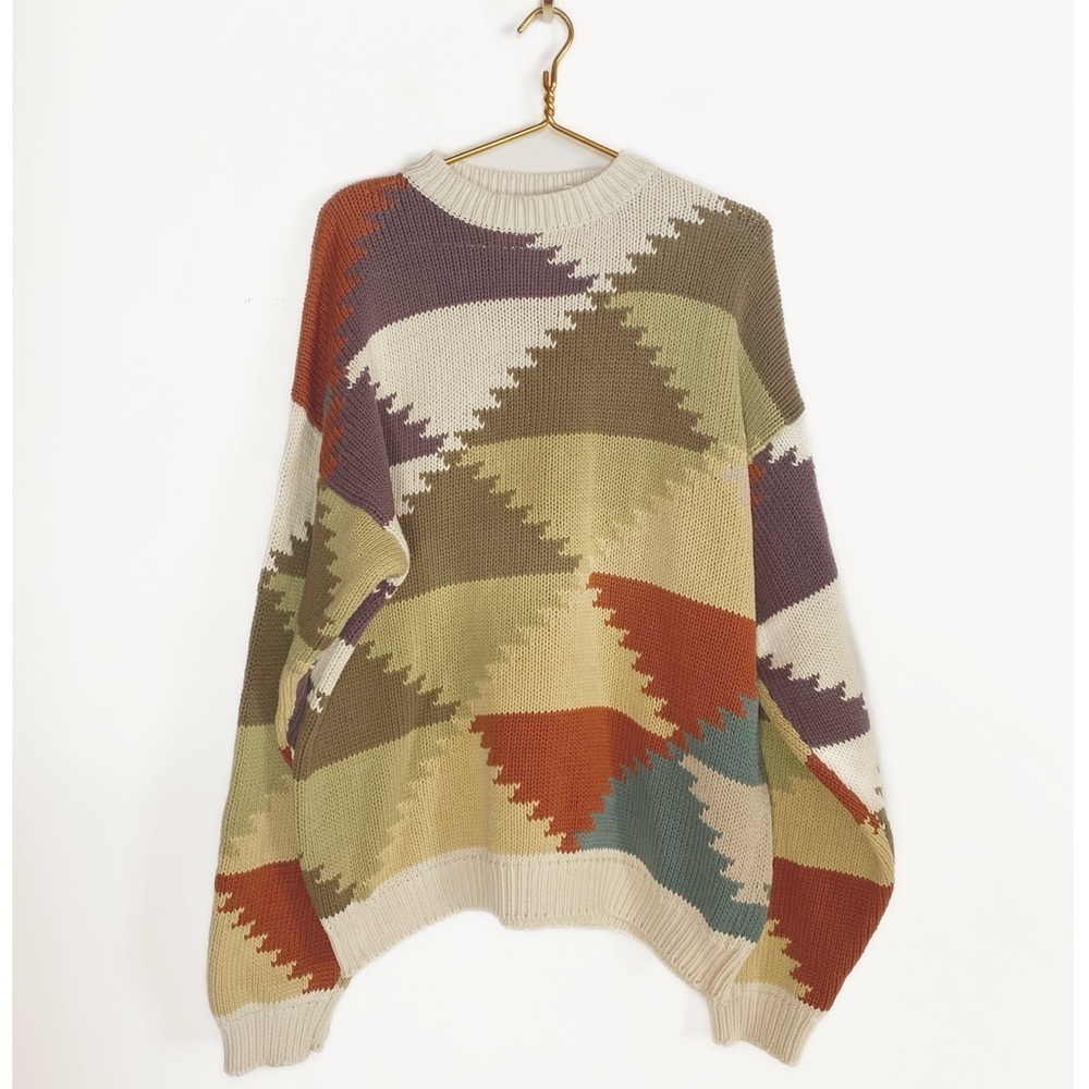 Vtg Perry Ellis knit Grandpa Sweater Geometric Triangle Colorful Mens size L